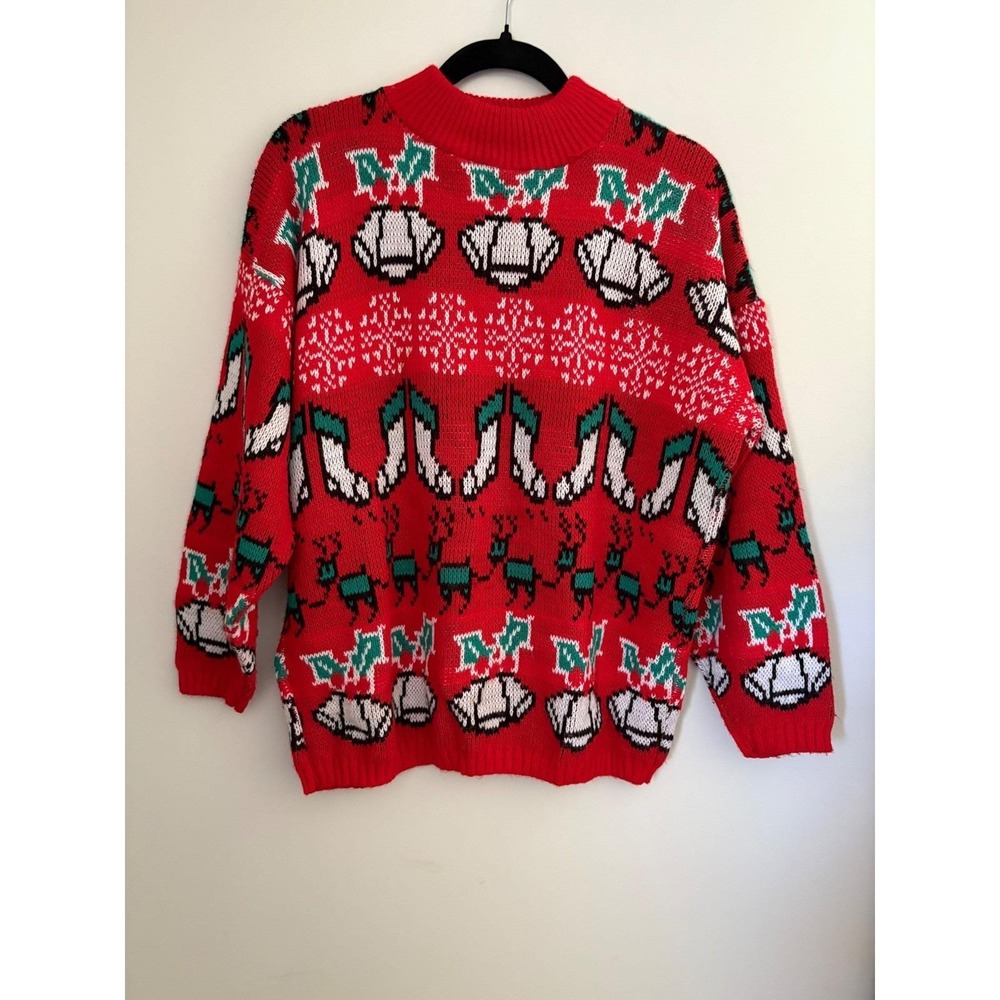 Vintage 1992 Croquet Club Christmas Sweater Red Fair Isle Reindeer Large USA